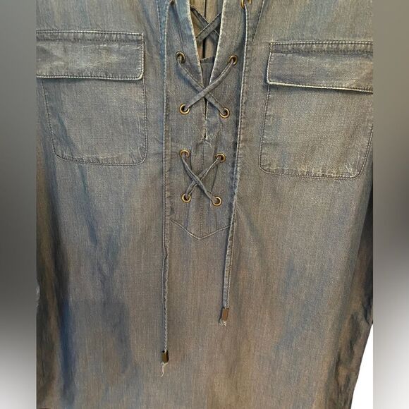 Chico’s 0/S/4 Blue Chambray Denim Cotton Lace-Up Relaxed Fit Long Sleeve Shirt - Picture 5 of 8